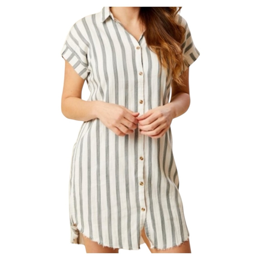 ALTAR'D STATE Piper Shirt Dress, Tunic, Beach Coverup, White/Green Stripe, Large